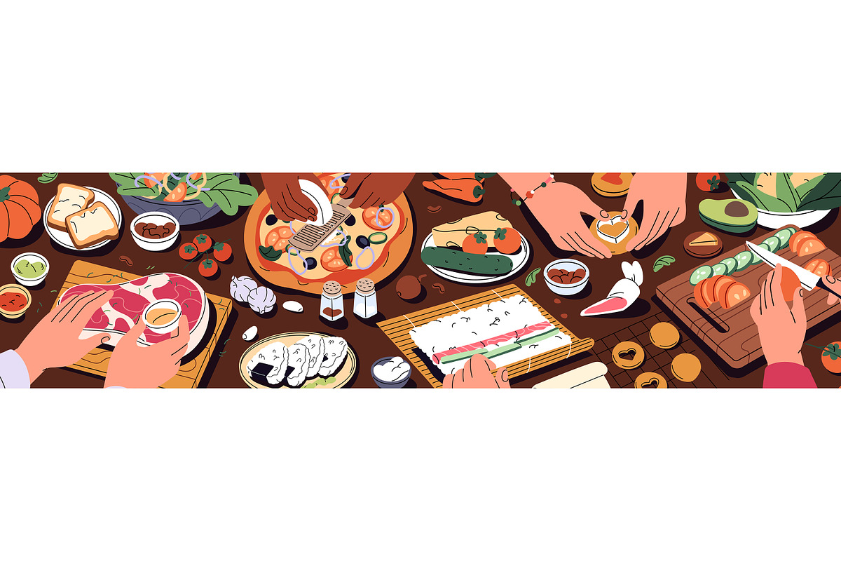 Hands cooking food, top view set, a Food Illustration by PaperTrident (Photo 2 of 8)