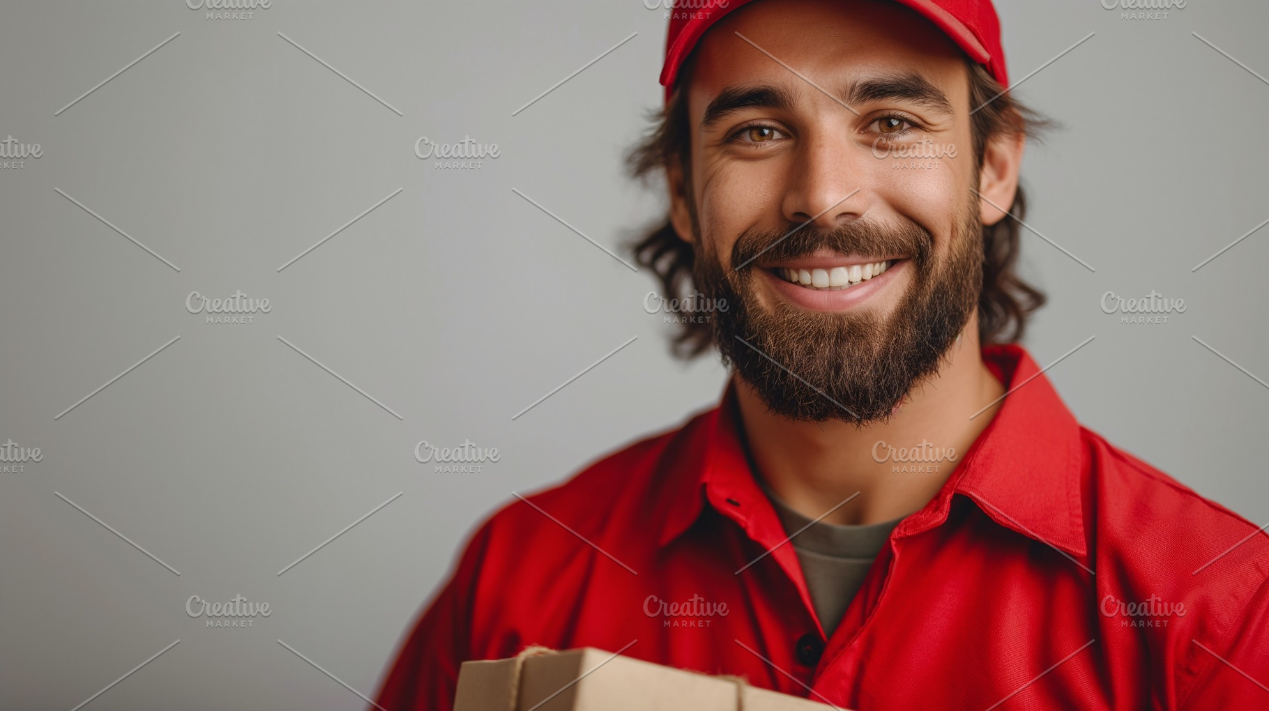 Cheerful male delivery driver in red uniform holding a package, showcasing a fr, a Person Photo by ImageMir