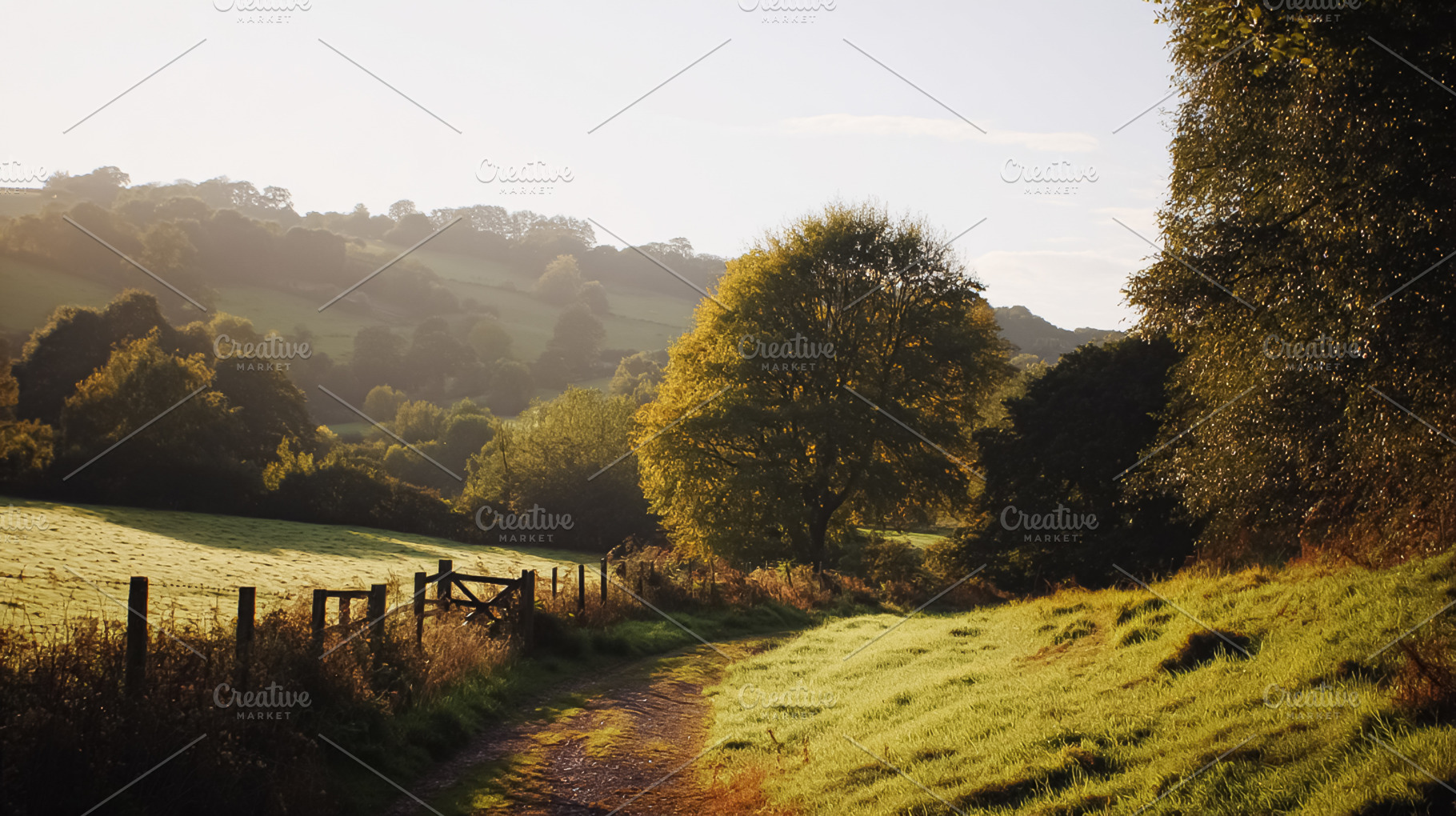 Dirt path leading through lush green fields and over gentle hill, a Photo by Studio ANNA