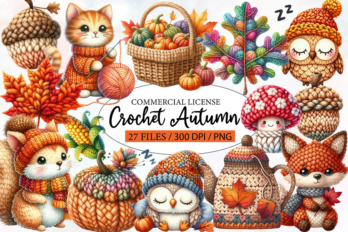Watercolor Crochet Autumn Clipart, an Illustration by Designworld (Photo 1 of 7)