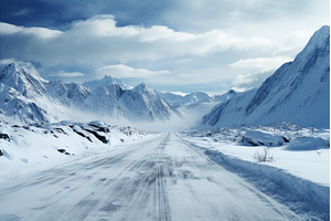 Frosty Snow road mountains sunset, a Nature Photo by Ylivdesign