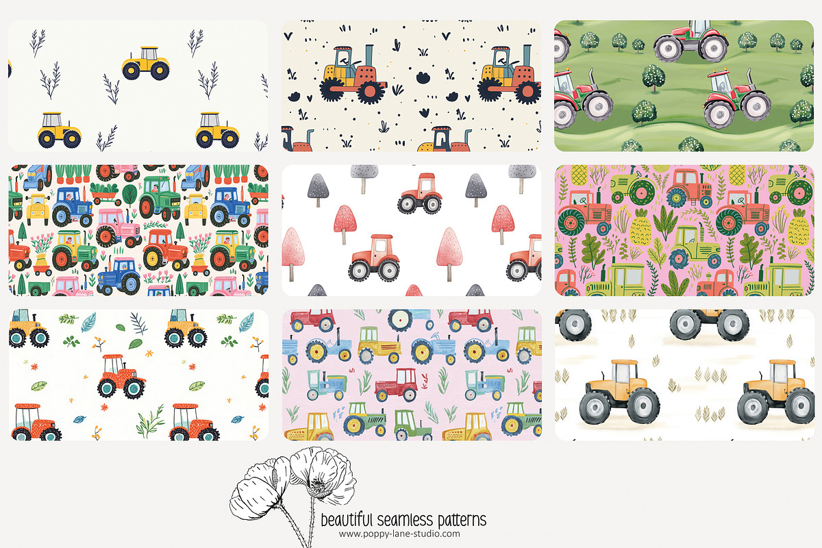 70 tractor seamless pattern, a Pattern Graphic by Poppy Lane Studio
