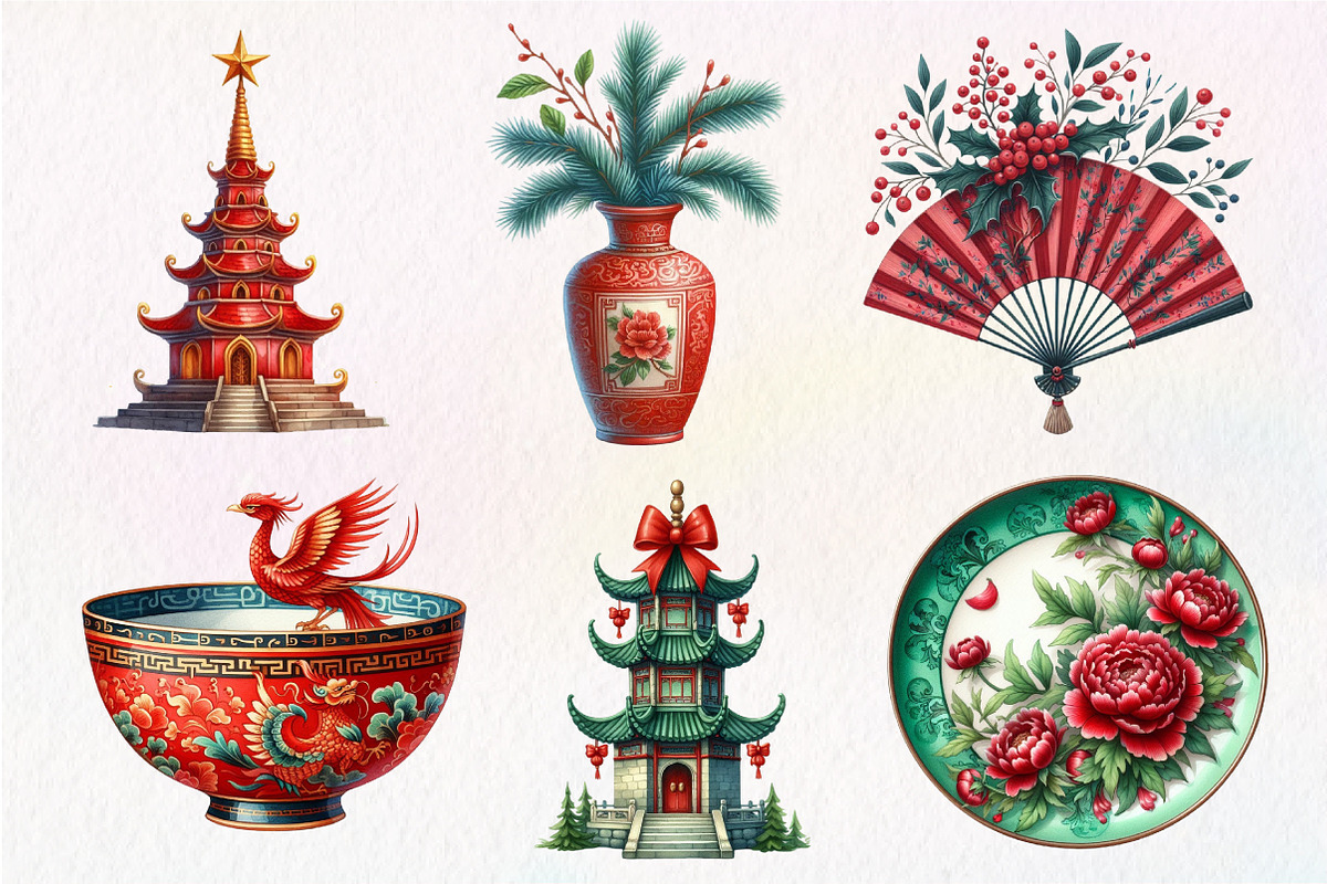 Chinoiserie Red & Green Christmas, an Illustration by Dream Creation (Photo 3 of 6)