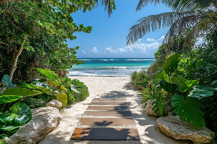 Stunning beach pathway leading to th, a Photo by Iftikhar Alam