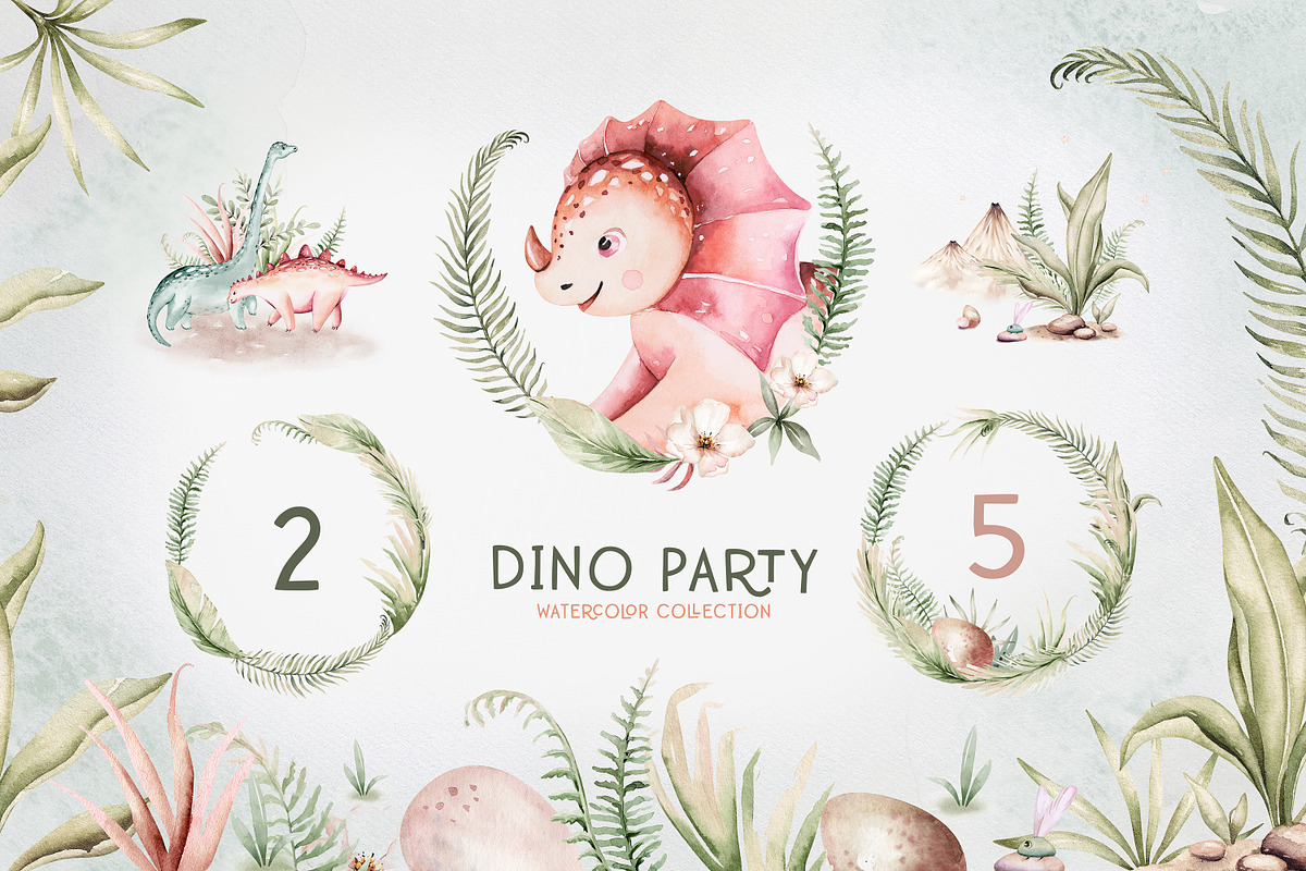 Dino Party watercolor set, an Animal Illustration by Peace ART (Photo 3 of 10)