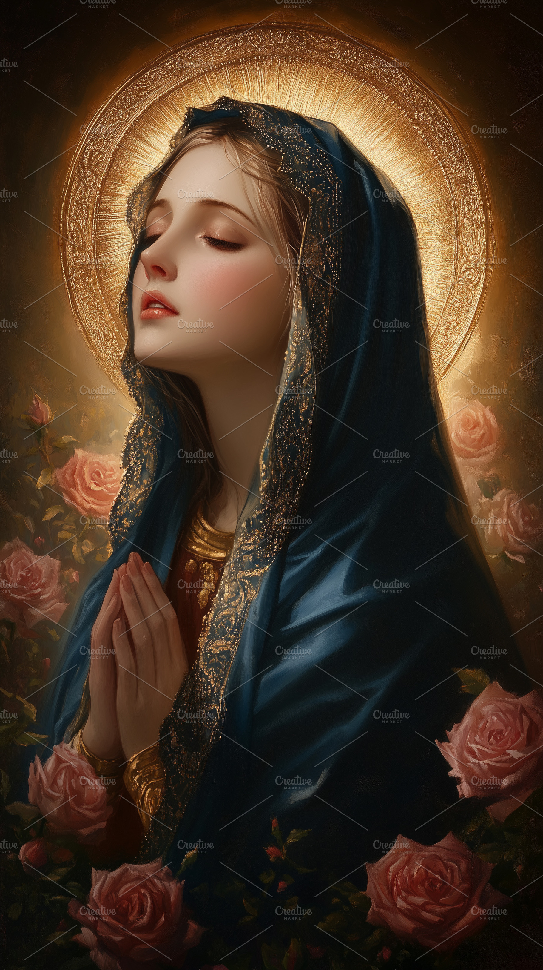 Praying Virgin Mary with golden halo, a Holiday Photo by MistyDay