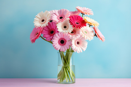 Bouquet of gerbera flower in vase on blue background, a Nature Photo by AlyaAnd
