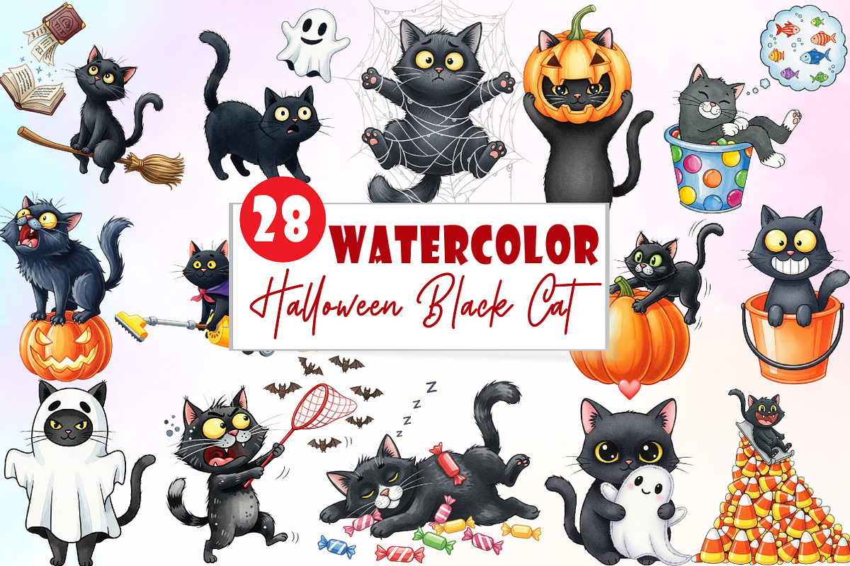Funny Halloween Black Cat Clipart, an Illustration by Watercolor design (Photo 1 of 6)