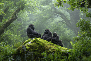 Four gorillas sit on a rock surround, a Photo by Pavel_design