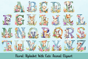 Floral Alphabet With Cute Animal Set