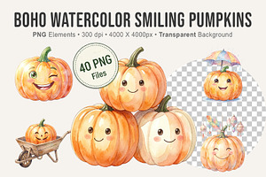 Boho Watercolor Smiling Pumpkins, an Illustration by Artnoy
