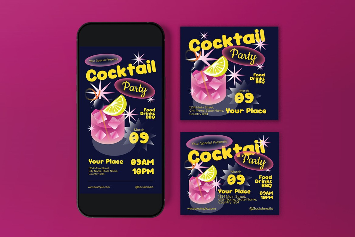 Blue Yellow Cocktail Party Flyer Set, a Flyer Template by graphicook (Photo 6 of 6)