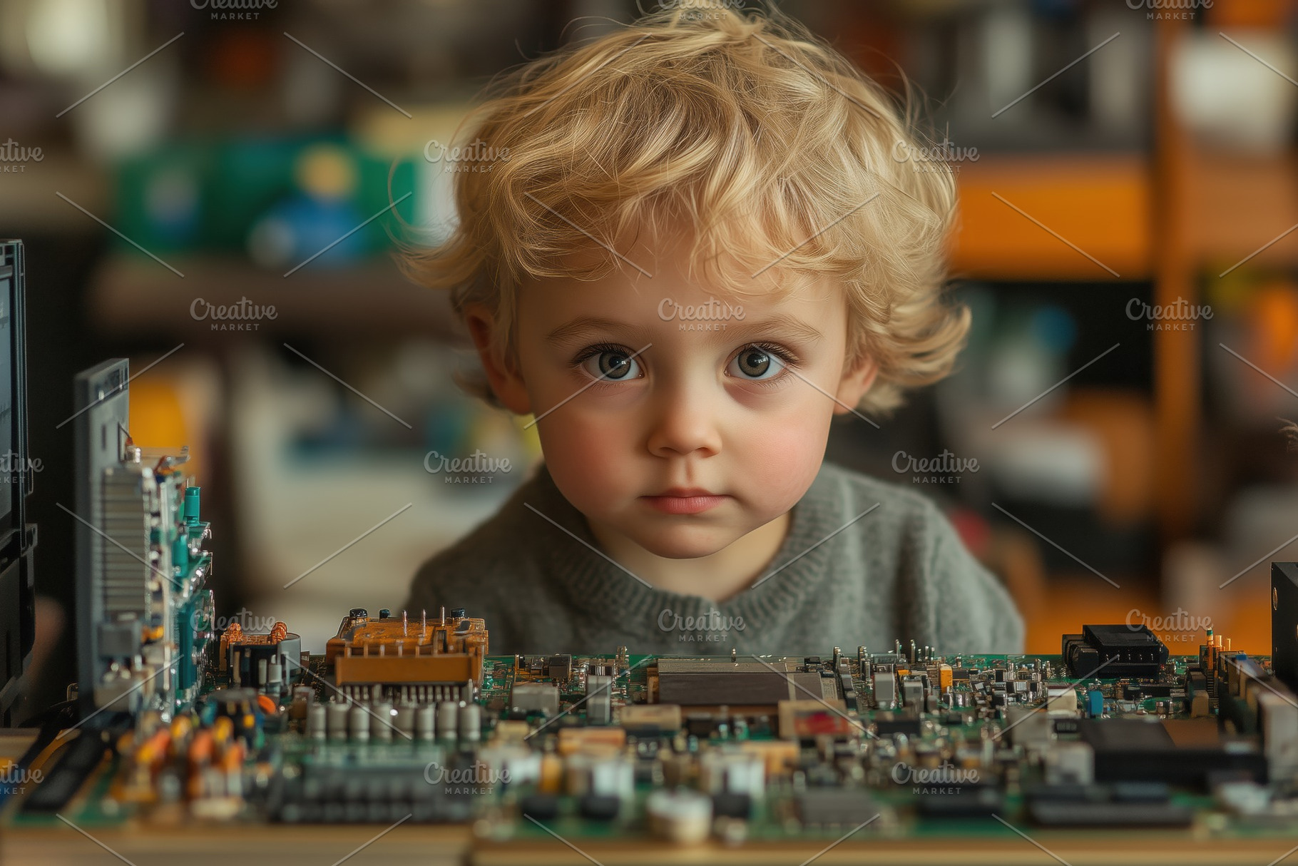 A young child Printed Circuit Board Design Engineer with curly blonde hair sits, a Person Photo by Textures & Backgrounds