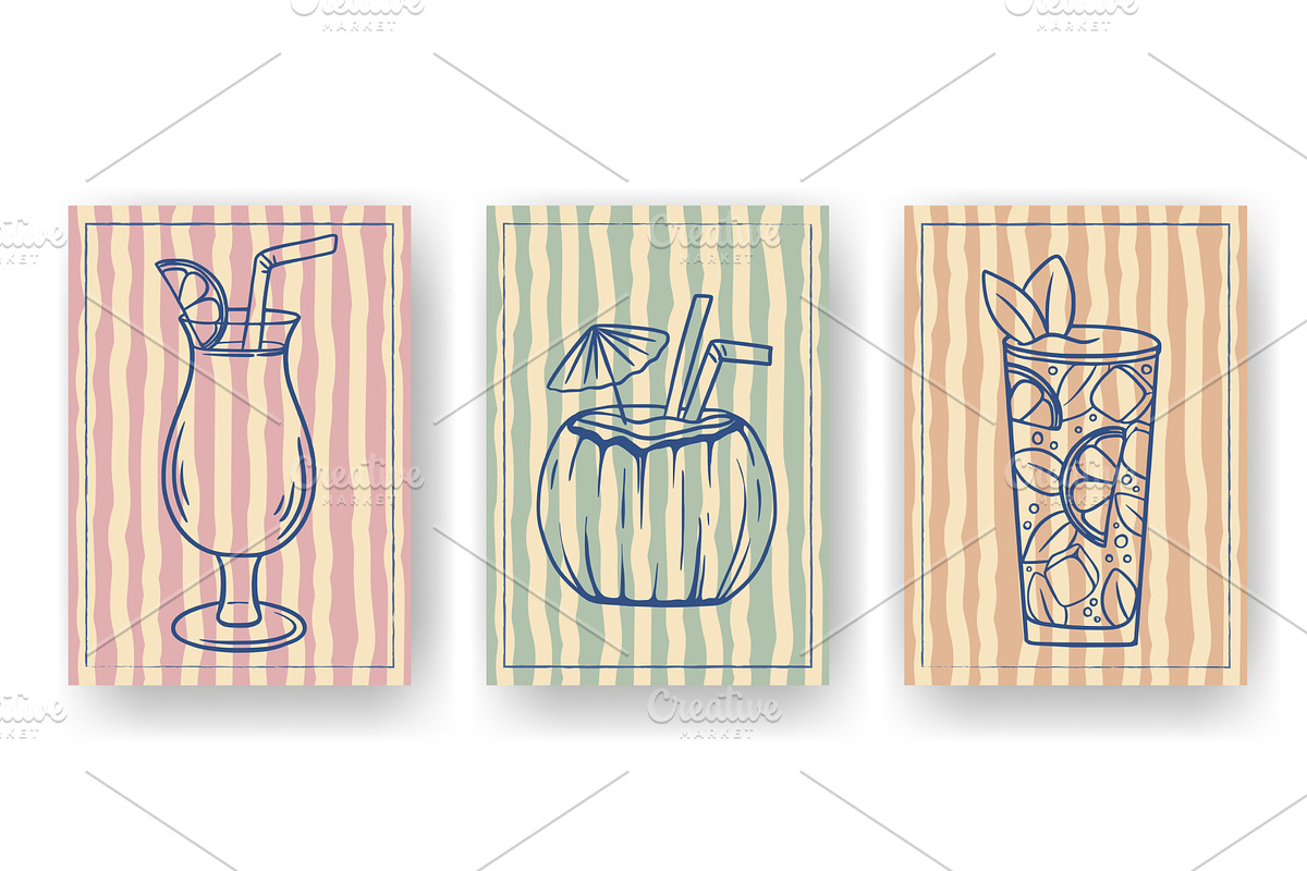 Summer posters with cocktails, a Food Illustration by Tati_Kli