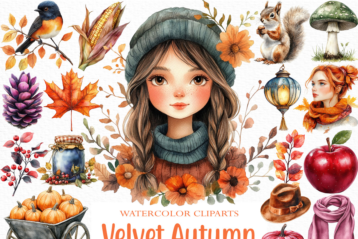 Watercolor Velvet Autumn Clipart, an Illustration by Craft Nest (Photo 1 of 6)