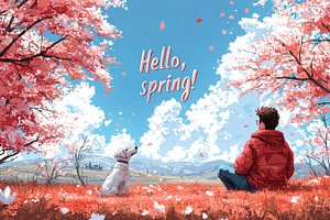 Man and dog sitting under blooming cherry blossom trees in a vib, a Holiday Photo by José Manuel Gelpi