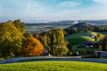 Peaceful autumn sunny morning rural view from Gmundnerberg with, a Nature Photo by YuriyB