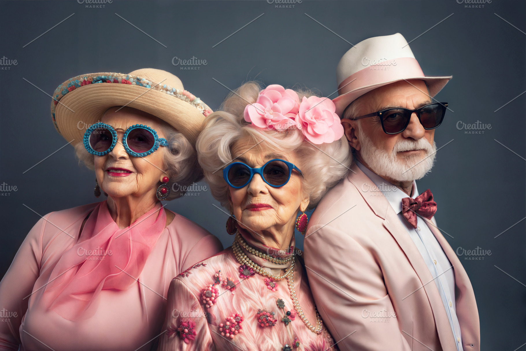 Stylish elderly trio wearing colorful outfits and sunglasses., a Person Photo by ImageMir