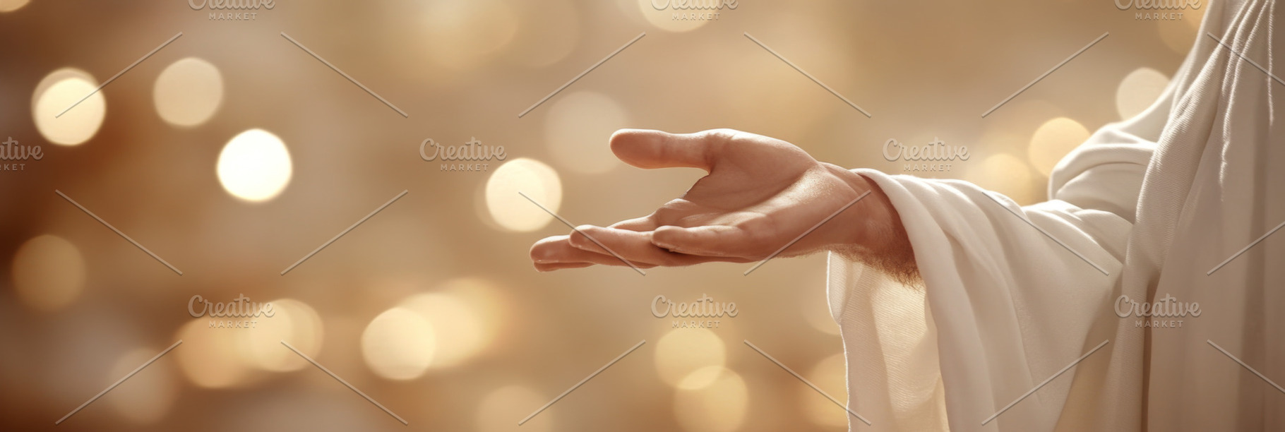 Hand of Jesus reaching out with light in spiritual scene, copy s, a Photo by Dvoevnore photos