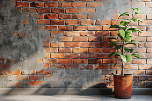 Floor with brick wall in room with sunlights and green plant in pot, a Nature Photo by AlyaAnd