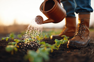 Watering young plants in a garden at sunset, a Nature Photo by AlyaAnd