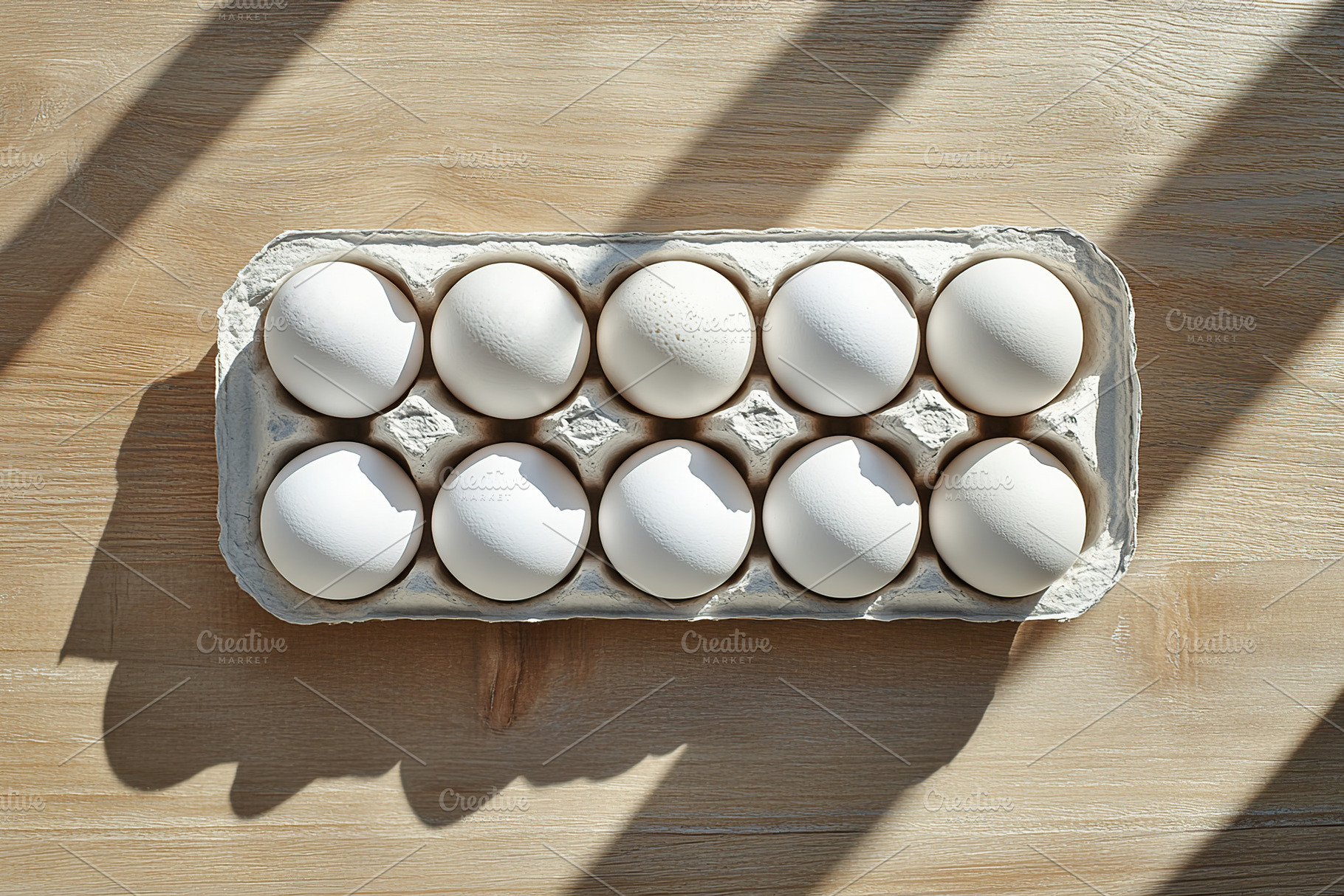 Fresh eggs arranged neatly in a carton on a wooden surface in na, a Food & Drink Photo by AlyaAnd