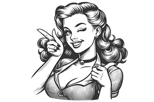 Pin-Up Woman Winking And Pointing