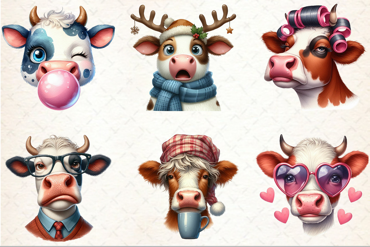 Funny Quirky Cow Faces Clipart, an Animal Illustration by Rose Art (Photo 3 of 7)