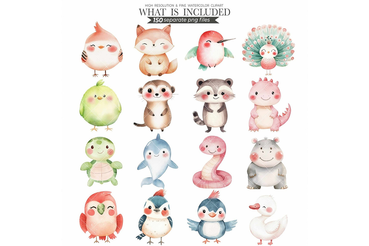 Cute Animals Watercolor Clipart Set, an Animal Illustration by CharmClipart (Photo 3 of 20)