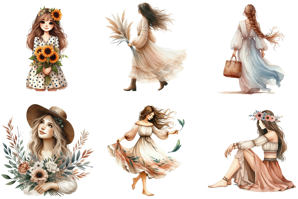 Boho Girl Clipart, an Illustration by DreamArtGraphic (Photo 2 of 5)