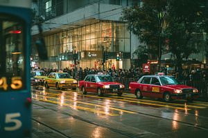Hong Kong Night Rain Taxis Tram City, a Photo by Pixeness Studio