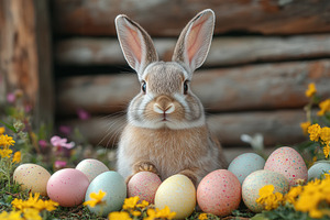 Cute rabbit surrounded by colorful E, a Photo by Tanuart