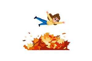 Happy girl diving into pile of, an Illustration by pikepicture