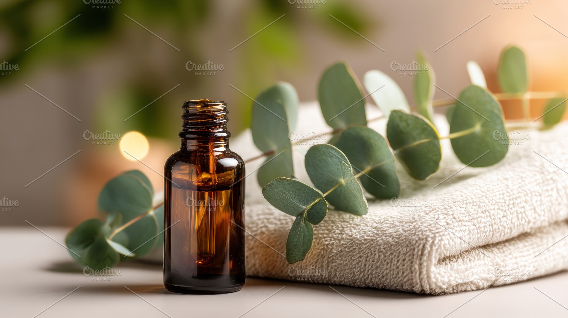 Amber glass bottle with essential oil next to eucalyptus leaves, an Abstract Photo by José Manuel Gelpi