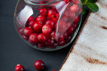 Cream eclairs choux pastries served with fresh cranberries on a
