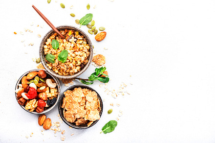 Muesli bowl and organic ingredients for healthy breakfast. Grano, a Food & Drink Photo by 5PH