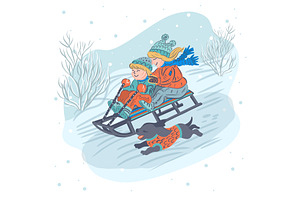 Children On Sled.Winter Activity.