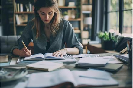Focused young woman studying in cozy, a School & Education Photo by Ylivdesign