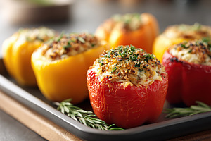 Delicious stuffed bell peppers baked to perfection on a tray ready for serving, a Food & Drink Photo by AlyaAnd