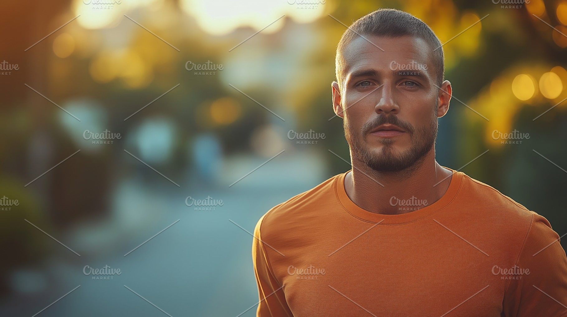 A confident young Caucasian man in an orange shirt stands on a sunlit street, e, a Person Photo by ImageMir