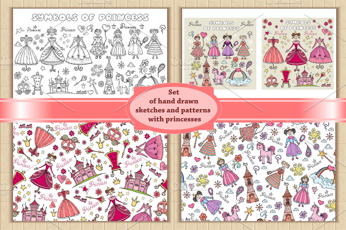 Set of hand drawn princess symbols