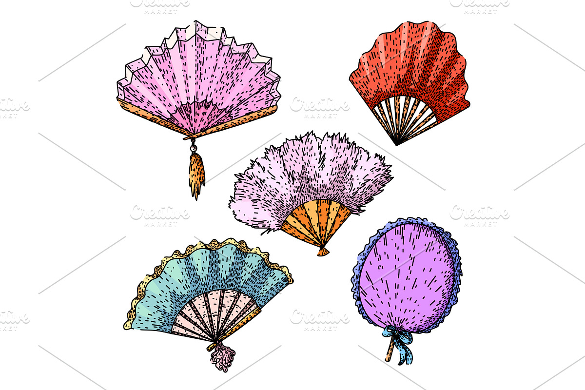 old fashioned fan set sketch hand, an Object Illustration by pikepicture