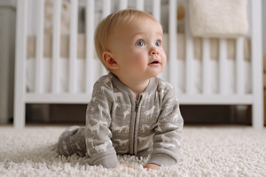 Curious baby in a printed onesie, a Person Photo by MistyDay