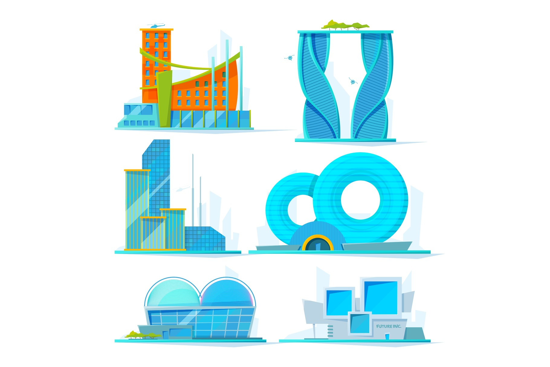 Futuristic buildings set. Vector flat pictures of various stylized ...