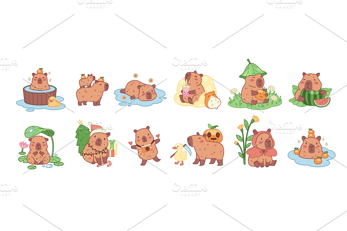 Cute cartoon capybaras characters, an Animal Illustration by YummyBuum