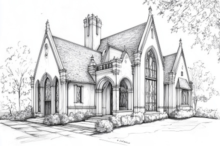 A detailed architectural sketch of a Gothic Revival style church or chapel. The, an Architecture Photo by Textures & Backgrounds