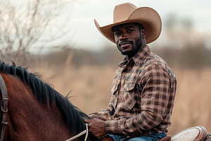 Black American cowboy riding a horse in a rural landscape during golden hour, a Person Photo by AlyaAnd