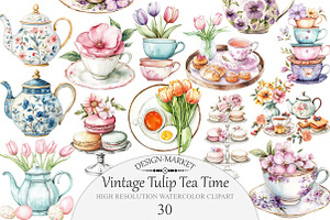 Watercolor Vintage Tulip Tea Time Cl, an Illustration by Design Market