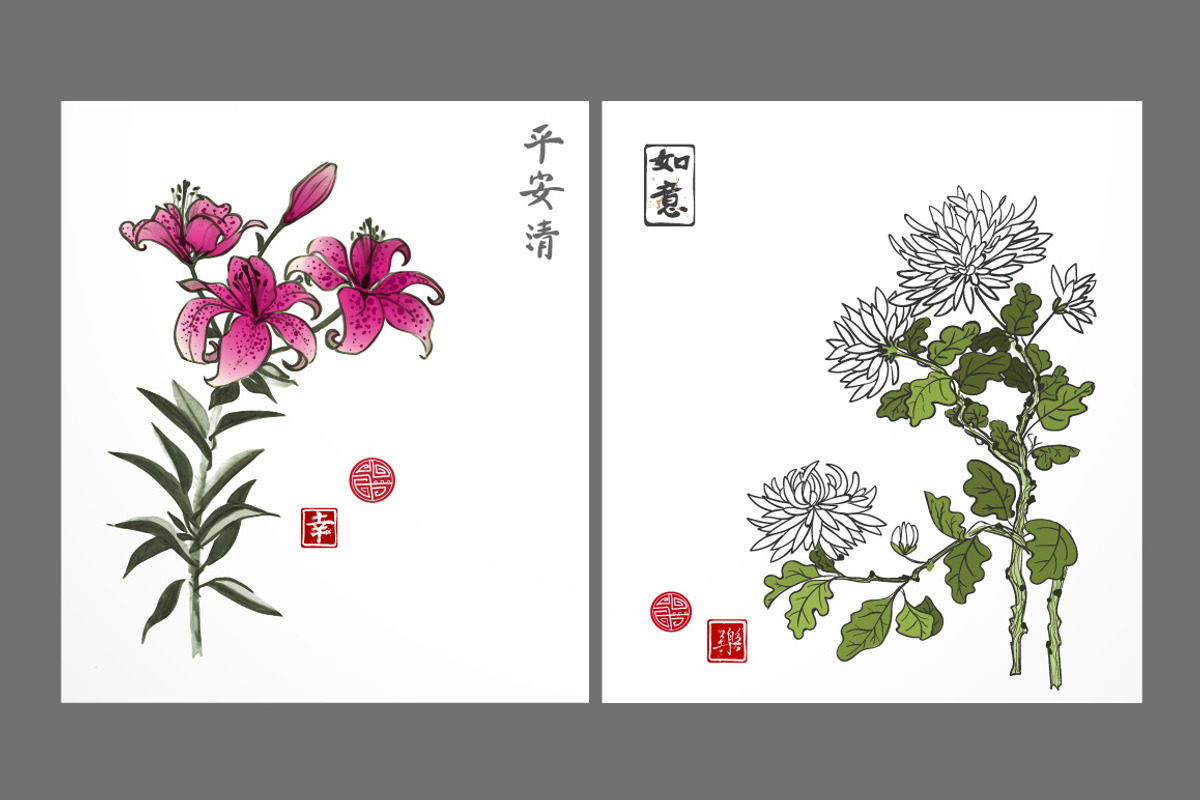 Japanese painting sumi-e. Flowers, a Decorative Illustration by Elina_Li (Photo 10 of 15)
