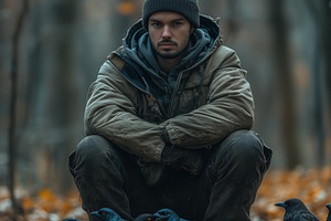 A ornithologist man in a forest sits on the ground surrounded by crows. He wear, a Person Photo by Textures & Backgrounds